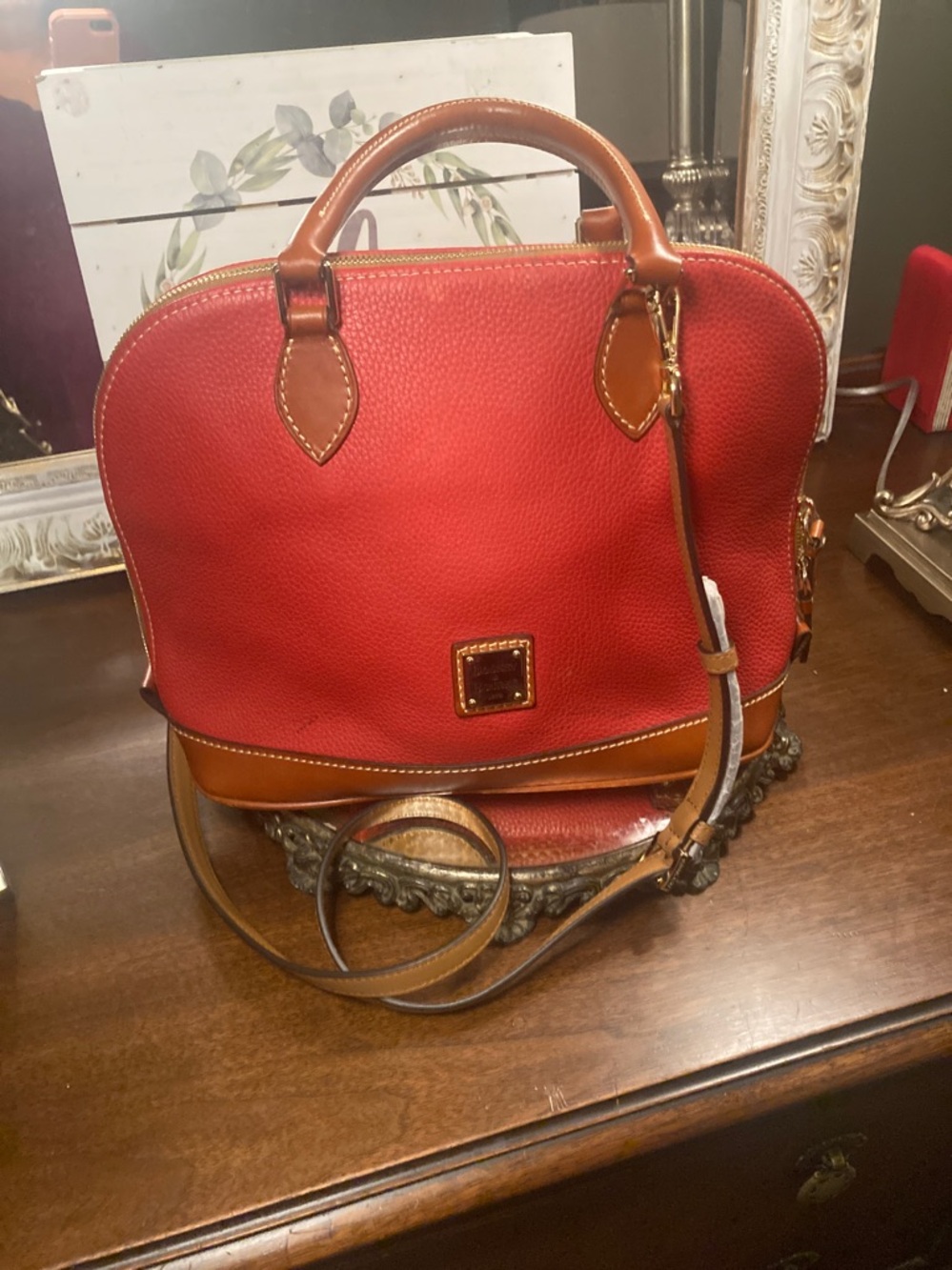 Genuine Dooney and Bourke Zip Zip Red Dome Satchel Handbag with Tan Trim
